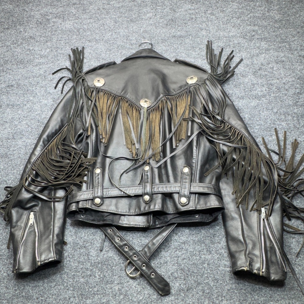 Vintage Schott NYC Duro Jac Jacket Womens 14 Black Leather Fringe Concho Biker